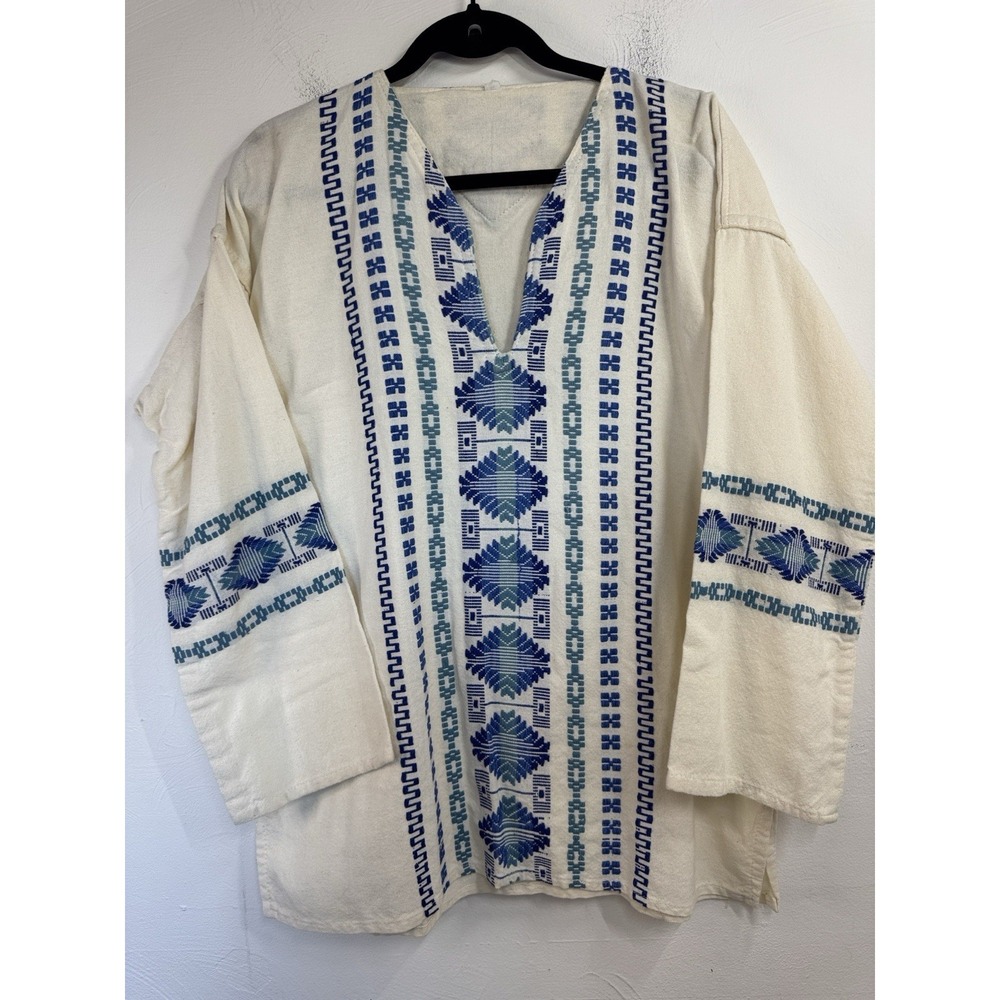 Vintage Tan Tunic Blue Aztec Embroidery NO Size TAG Boho Hippie Western Festive